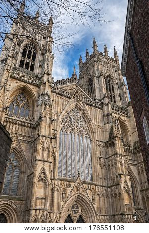 The upper part of the western facade of the York Minster, United Kingdom