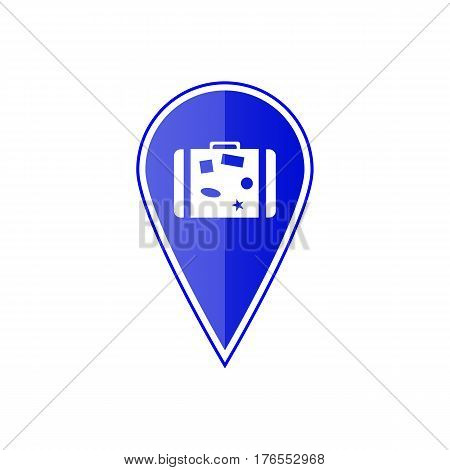 Blue map pointer with travel suitcase on the white background. Vector design