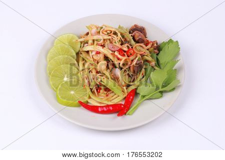 Spicy Minced Mango Salad With Soft-boiled Blood Cockles.