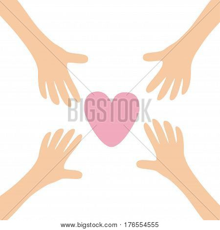 Four Hands arms reaching to big pink heart shape sign. Helping hand. Close up body part. Happy Valentines day. Greeting card. Flat design. Find love concept White background. Isolated. Vector