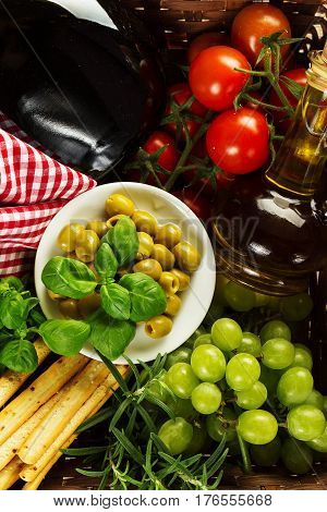 Products of italian or greek cuisine. Mediterranean food. Top view. Food concept.