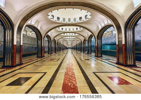 MOSCOW/ RUSSIA - MARCH 11, 2017. Metro station Mayakovskaya. Moscow, Russia