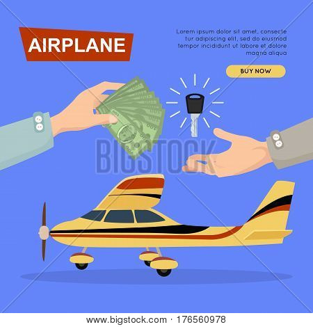 Buying airplane online plane sale by cash. Getting new key web banner vector illustration. Customer buy airplane for transport advertising company. Business agreement in e-commerce concept