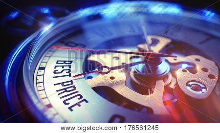 Best Price. on Pocket Watch Face with Close View of Watch Mechanism. Time Concept. Lens Flare Effect. Watch Face with Best Price Inscription on it. Business Concept with Vintage Effect. 3D.