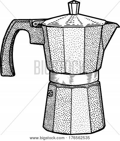 Italian coffee maker illustration, drawing, engraving, ink, line art