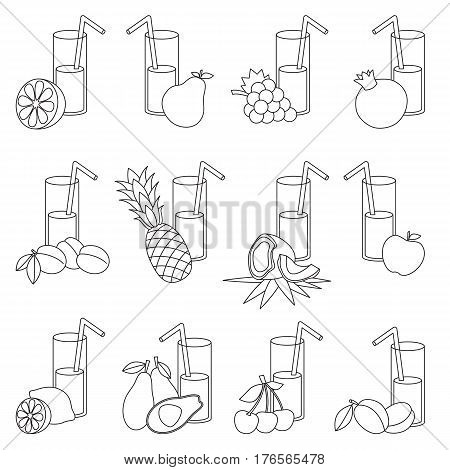 Set of fruit juices to be colored. Coloring book to educate kids. Learn colors. Visual educational game. Easy kid gaming and primary education. Simple level of difficulty. Coloring pages.