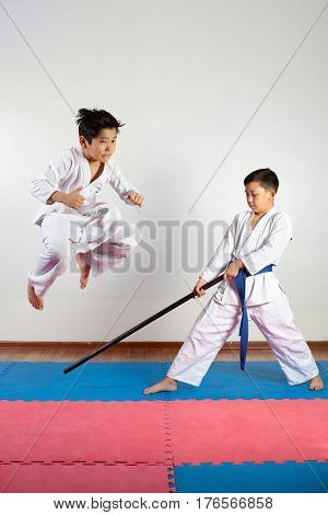 Two boys demonstrate martial arts working together. Fighting position active lifestyle practicing fighting techniques