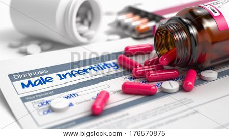 Handwritten Diagnosis Male Infertility in the Disease Extract. Medicaments Composition of Blister of Red Pills, Blister of Pills and Bottle of Tablets. 3D.