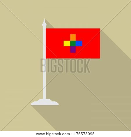 Switzerland gay pride flag with flagpole flat icon with long shadowt. LGBT community flag.