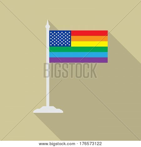 United States gay pride flag with flagpole flat icon with long shadowt. LGBT community flag.