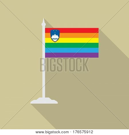 Slovenia gay pride flag with flagpole flat icon with long shadowt. LGBT community flag.