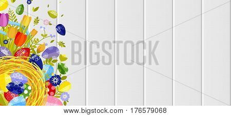 Stock vector illustration Happy Easter background colored eggs, spring decoration, leave, tulip flower design element in flat style for printed material, postcard, greeting, festive card banner, flyer