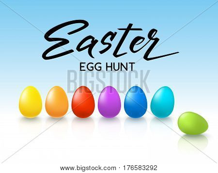 Happy Easter hunt handdrawn Lettering card whith decorated colorful eggs on white background