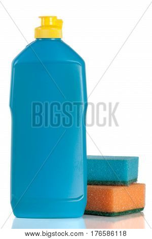 dishwashing detergent with sponge isolated on white background.
