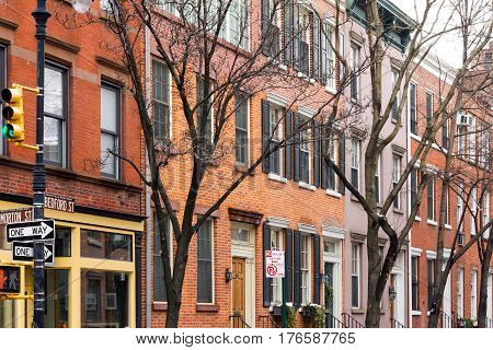 Historic buildings at the intersection of Bedford and Morton Streets in the Greenwich Village neighborhood of Manhattan New York City NYC