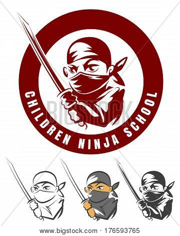 Children ninja school cartoon emblem vector illustration. Japanese logo martial arts