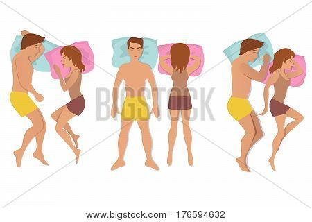 Couple sleeping poses. Man and woman resting and dreaming positions vector illustration. Relax night for body male and female