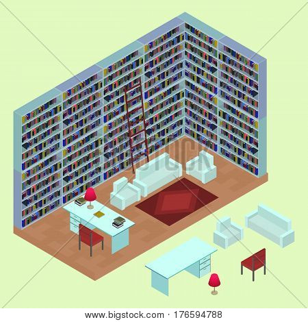 Isometric home library in 3D. The interior of the lounge area with isolated books bookshelves table sofa armchairs lamp and carpet. Open plan room in vector.