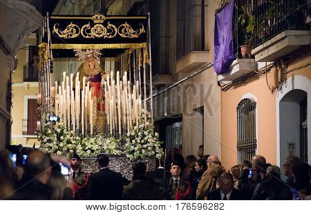 Badajoz Spain - March 21 2016: Statue of the Virgin Mary leaving in procession in holly week in the city of Badajoz Spain