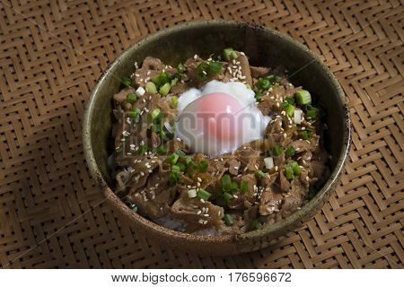 Japanese food rice with slice pork and egg, Butadon