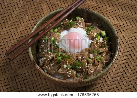 Japanese food rice with slice pork and egg, Butadon