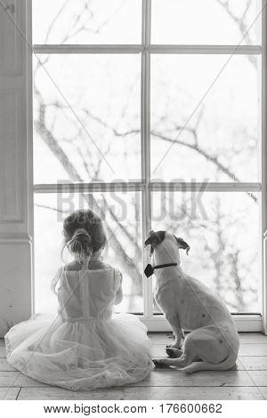 Little girl with a dog looking out the window