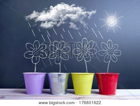 Chalkboard sketch of spring daisies inside flower pots with sun clouds and rain weather