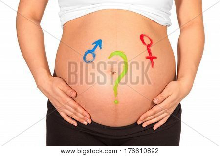 Question Mark Gender Symbols Painted On Belly Of Pregnant Woman
