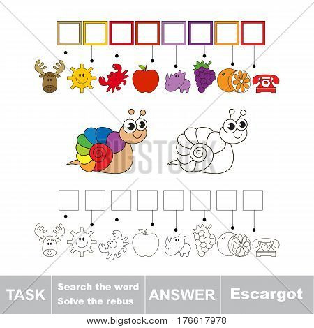 Vector rebus game for children. Easy educational kid game. Simple game level. Find solution and write the hidden word Escargot