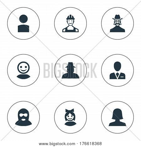 Vector Illustration Set Of Simple Human Icons. Elements Internet Profile, Moustache Man, Proletarian And Other Synonyms Inspector, Profile And Culprit.