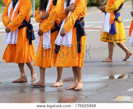 Sikh Soldiers Barefoot March Through The City Street
