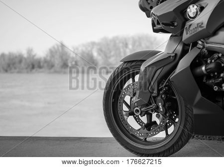 Senta Serbia: March 4th 2017. Close-up of beautiful BMW K1300R motorcycle photographed outdoor on a dock in Senta besides river