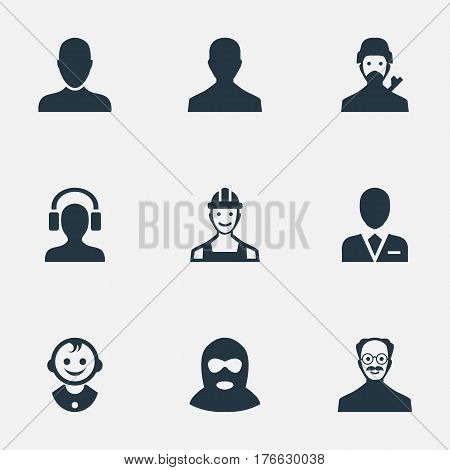 Vector Illustration Set Of Simple Human Icons. Elements Young Shaver, Workman, Male User And Other Synonyms Mustaches, Workman And Proletarian.