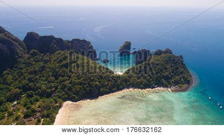 Aerial drone photo of Loh Lana Bay and Nui Bay beach, part of iconic tropical Phi Phi island, Thailand