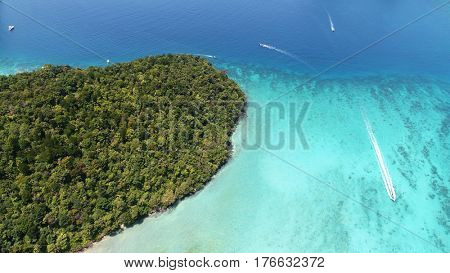 Aerial drone photo of iconic tropical turquoise water Pileh Lagoon, Phi Phi islands, Thailand