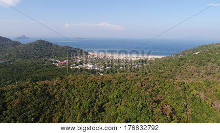 Aerial drone photo back view of Loh Lana Bay, part of iconic tropical Phi Phi island, Thailand