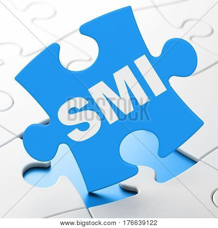 Stock market indexes concept: SMI on Blue puzzle pieces background, 3D rendering