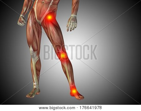 Conceptual 3D illustration of human man anatomy lower body or health design, joint or articular pain, ache or injury on gray gradient background