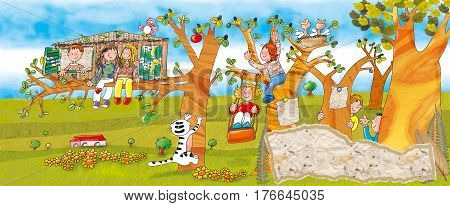 Children swinging in the park ,cat ,