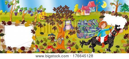 Autumn landscape with black horse and dry leaves