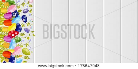 Stock vector illustration Happy Easter background colored eggs, spring decoration, leave, tulip flower design element in flat style for printed material, postcard, greeting, festive card banner, flyer