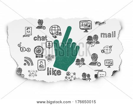 Social media concept: Painted green Mouse Cursor icon on Torn Paper background with  Hand Drawn Social Network Icons