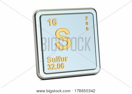Sulfur S chemical element sign. 3D rendering isolated on white background