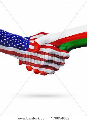 United States and Oman countries flags handshake concept cooperation partnership friendship business deal or sports competition isolated on white