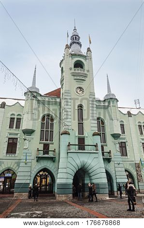 Mukachevo Ukraine - January 31 2017: City hall of Mukachevo. Nasty winter day.