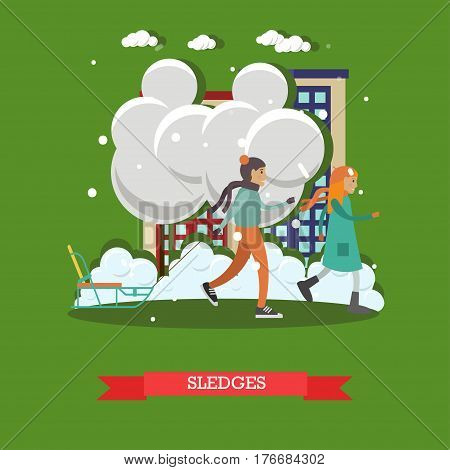 Vector illustration of children boy and girl with sledge. Winter snowy weather, snowfall, sledging concept design element in flat style.