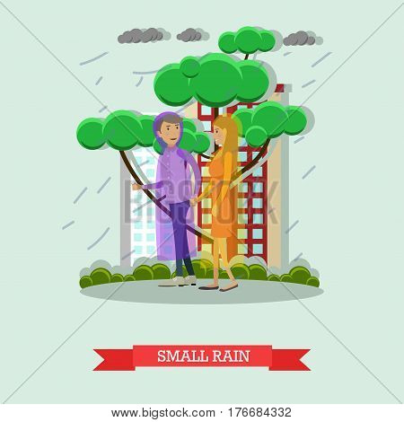 Vector illustration of young couple walking in the rain in raincoats. Small rain flat style design.