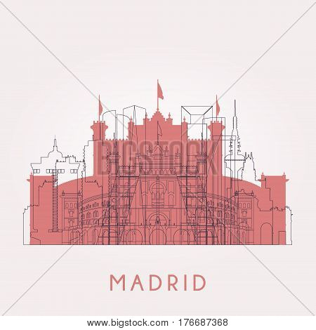 Outline Madrid vintage skyline with landmarks. Vector illustration. Business travel and tourism concept with historic buildings. Image for presentation banner placard and web site.