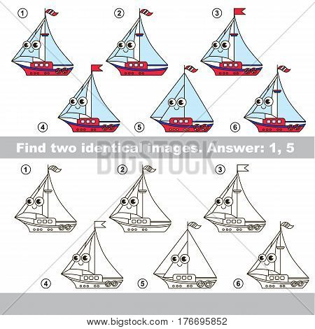 The design difference. Vector visual game for kid education. Simple level of difficulty. Easy educational game. Task and answer. Find two similar Boats.