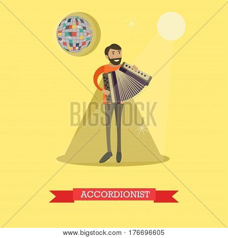 Vector flat illustration of musician male playing accordion. Accordionist flat style design element.